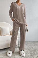 BEAUTIFUL I AM Ribbed V-Neck Top and Pants Set