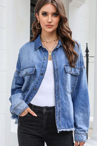 BEAUTIFUL I AM Raw Hem Pocketed Collared Neck Denim Jacket