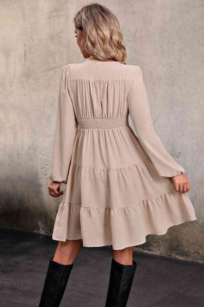 BEAUTIFUL I AM V Neck Button Up Tiered Dress