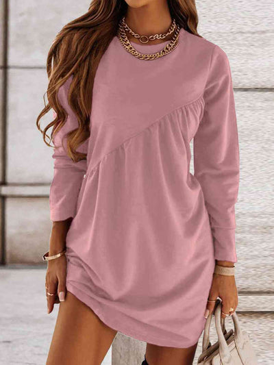 BEAUTIFUL I AM Ruched Round Neck Long Sleeve Dress