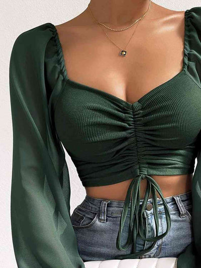 BEAUTIFUL I AM Drawstring Sweetheart Neck Cropped Top Shirt