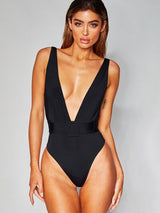 BEAUTIFUL I AM Plunge Wide Strap Sleeveless One-Piece Swimwear Swim Set