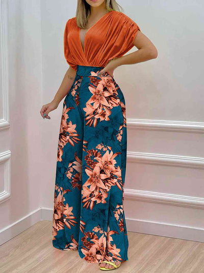 BEAUTIFUL I AM Printed Surplice Top and Wide Leg Pants Set