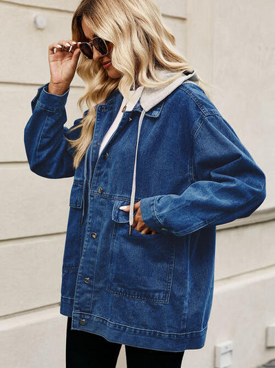 BEAUTIFUL I AM Drawstring Button Down Hooded Denim Jacket