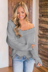 BEAUTIFUL I AM Frayed Hem Dropped Shoulder Sweater