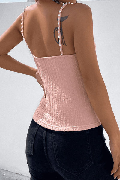 BEAUTIFUL I AM Beads Detail Spaghetti Straps Cable-Knit Cami Shirt