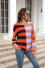 BEAUTIFUL I AM Round Neck Long Sleeve Color Block Dropped Shoulder Pullover Sweater