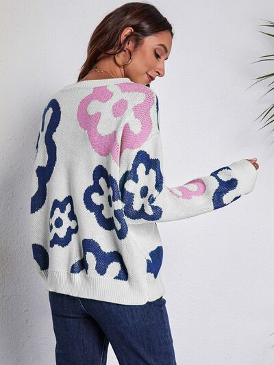 BEAUTIFUL I AM Flower Pattern Round Neck Long Sleeve Sweater