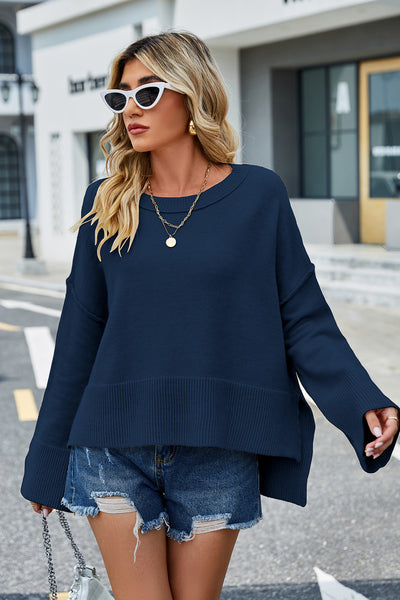 BEAUTIFUL I AM Round Neck Dropped Shoulder Slit Sweater