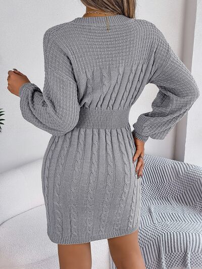 BEAUTIFUL I AM Cable-Knit Cutout Round Neck Slit Sweater Dress