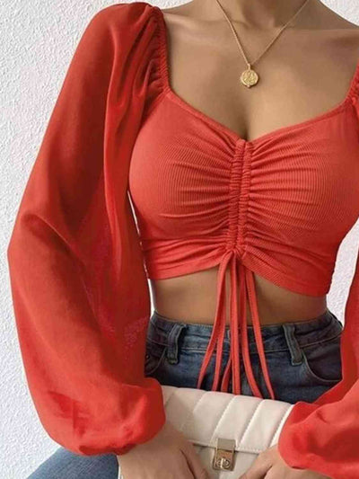 BEAUTIFUL I AM Drawstring Sweetheart Neck Cropped Top Shirt