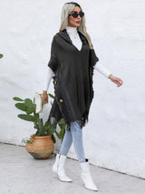 BEAUTIFUL I AM Fringe Trim Buttoned Hooded Poncho