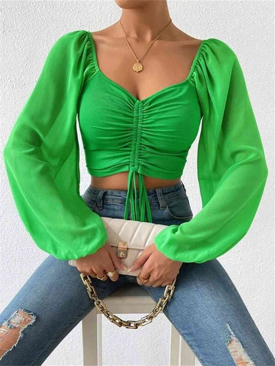 BEAUTIFUL I AM Drawstring Sweetheart Neck Cropped Top Shirt