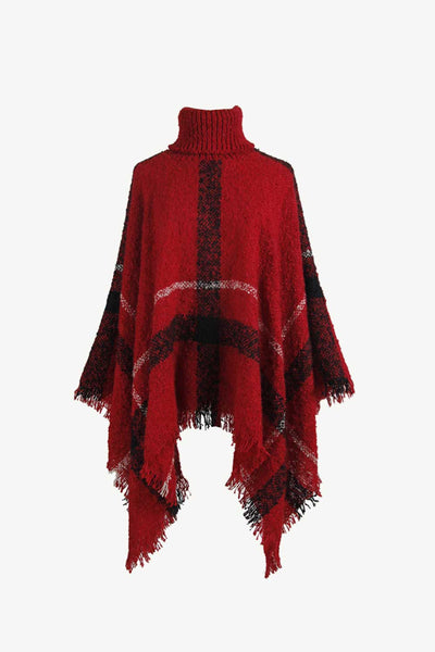 BEAUTIFUL I AM Plaid Turtleneck Raw Hem Poncho