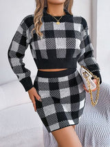 BEAUTIFUL I AM Plaid Round Neck Top and Skirt Sweater Set