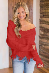 BEAUTIFUL I AM Frayed Hem Dropped Shoulder Sweater