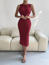 BEAUTIFUL I AM Round Neck Tie Back Slit Sleeveless Dress