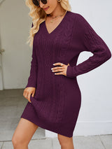 BEAUTIFUL I AM Cable-Knit V-Neck Mini Sweater Dress