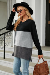 BEAUTIFUL I AM Color Block Round Neck Long Sleeve Slit Shirt