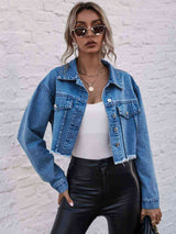 BEAUTIFUL I AM Raw Hem Collared Neck Denim Jacket