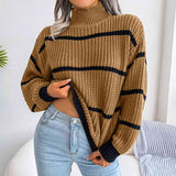 BEAUTIFUL I AM Striped Mock Neck Dropped Shoulder Sweater