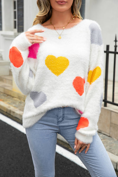 BEAUTIFUL I AM Heart Pattern Round Neck Long Sleeve Sweater