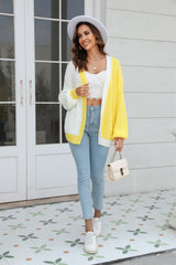 BEAUTIFUL I AM Open Front Contrast Color Balloon Sleeve Cardigan