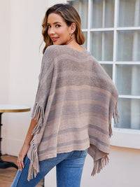 BEAUTIFUL I AM Striped Boat Neck Poncho with Fringes