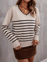 BEAUTIFUL I AM Striped V-Neck Drop Shoulder Sweater