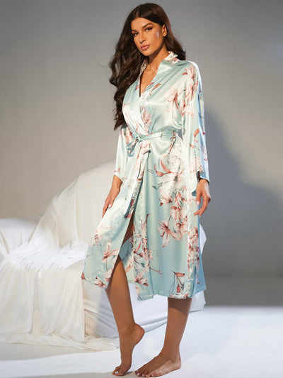 BEAUTIFUL I AM Floral Tie Waist Long Sleeve Robe