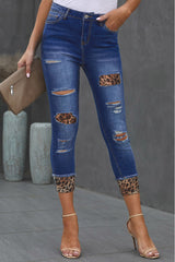 BEAUTIFUL I AM Leopard Patch Distressed Cropped Jeans