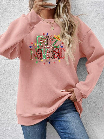 BEAUTIFUL I AM FELIZ NAVIDAD Round Neck Drop Shoulder Sweatshirt