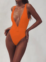 BEAUTIFUL I AM Plunge Wide Strap Sleeveless One-Piece Swimwear Swim Set