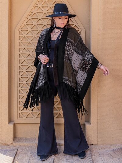 BEAUTIFUL I AM Plus Size Printed Fringe Open Front Outerwear