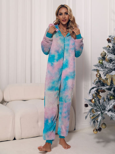 BEAUTIFUL I AM Zip Front Long Sleeve Hooded Teddy Lounge Sleep Wear Jumpsuit