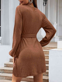 BEAUTIFUL I AM Round Neck Tie Front Long Sleeve Dress