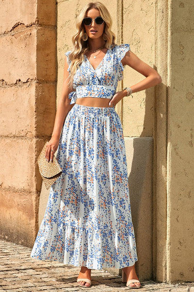 BEAUTIFUL I AM Printed Tie Back Cropped Top and Maxi Dress Set