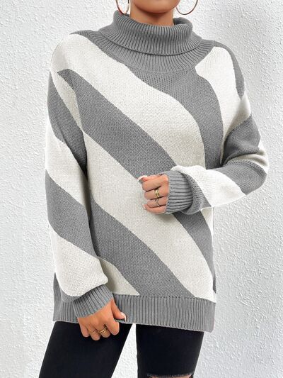 BEAUTIFUL I AM Striped Turtleneck Dropped Shoulder Sweater