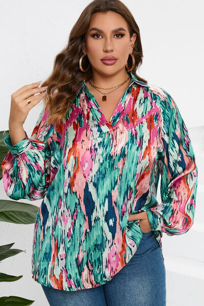 BEAUTIFUL I AM Plus Size Printed Johnny Collar Long Sleeve Blouse Shirt