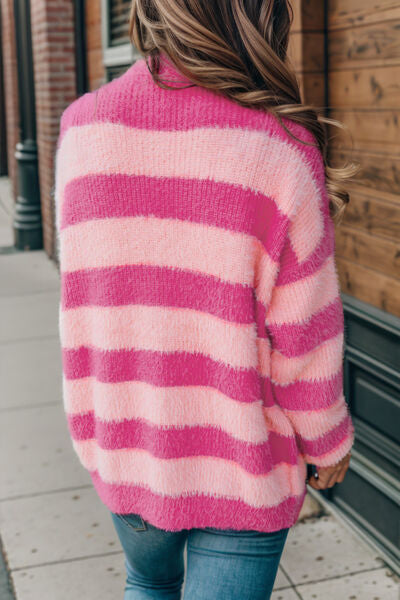 BEAUTIFUL I AM Striped Button Up Fuzzy Cardigan with Pockets