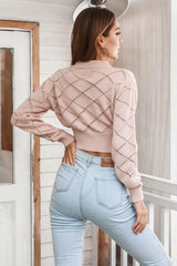 BEAUTIFUL I AM Openwork Plaid Round Neck Cropped Sweater