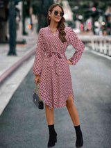 BEAUTIFUL I AM Printed Notched Tie Front Long Sleeve Dress