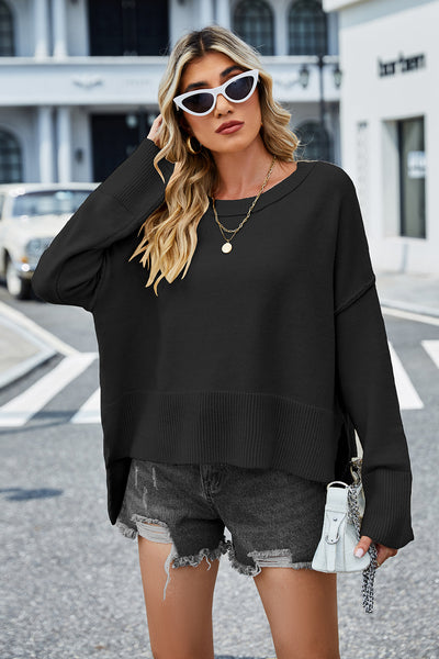 BEAUTIFUL I AM Round Neck Dropped Shoulder Slit Sweater