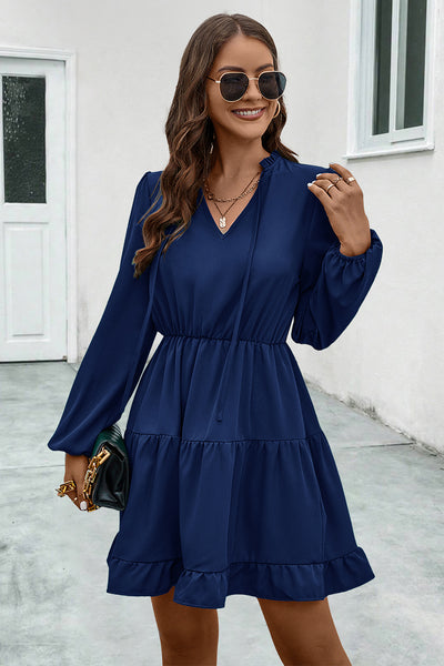 BEAUTIFUL I AM V-Neck Tie Neck Long Sleeve Dress