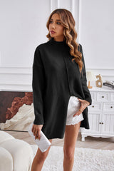 BEAUTIFUL I AM Exposed Seam Mock Neck Slit Sweater