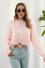 BEAUTIFUL I AM Printed Round Neck Ribbed Long Sleeve Sweater