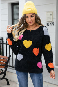 BEAUTIFUL I AM Heart Pattern Round Neck Long Sleeve Sweater