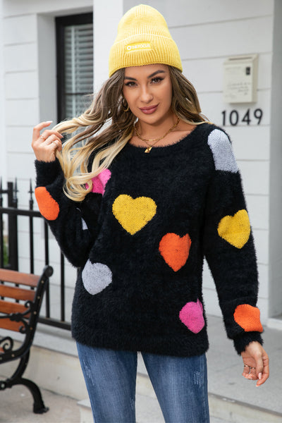 BEAUTIFUL I AM Heart Pattern Round Neck Long Sleeve Sweater