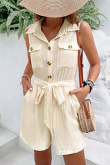 BEAUTIFUL I AM Collared Neck Buttoned Tie Waist Shorts Sleeveless Romper