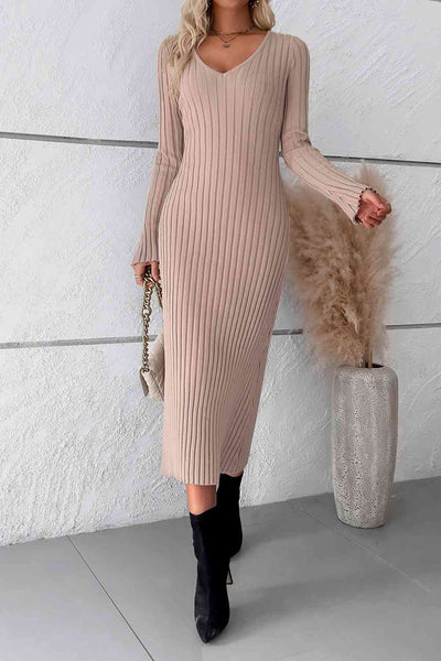 BEAUTIFUL I AM V-Neck Long Sleeve Ribbed Sweater Dress